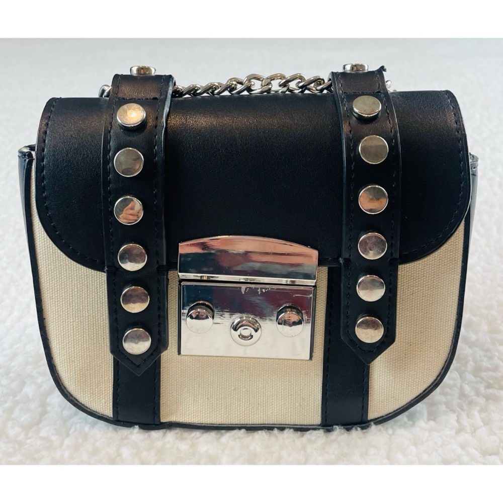ZARA • Black/Cream Faux Leather and Canvas Studded Mini Chainlink Crossbody Bag - Picture 2 of 16
